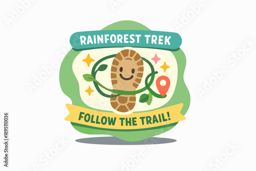 Rainforest trek badge showing footprint, map pin, and follow the trail message