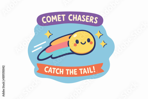 Cute comet character flying through space, chasing tails in a cosmic game