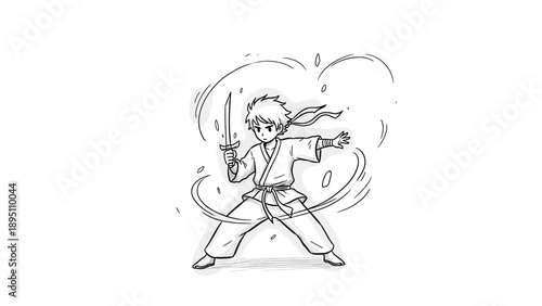 Dynamic anime boy practicing martial arts with sword in action pose