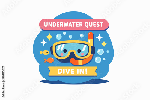 Underwater quest for kids, diving adventure with snorkel mask and fish