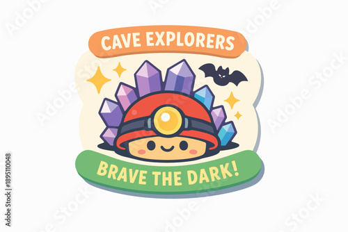 Character logo of a cute cave explorer discovering precious crystals in a dark cave
