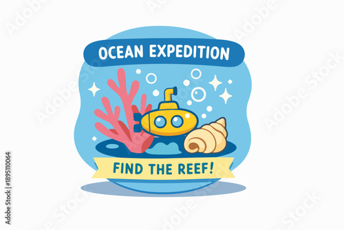 Submarine navigating ocean depths, discovering marine life and a coral reef