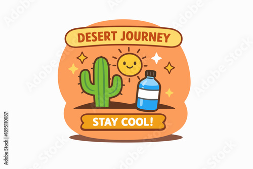 Desert journey concept showing cactus, sun, and water bottle for staying hydrated