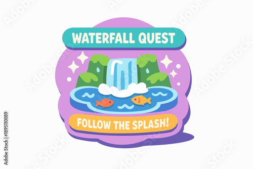 Game badge displaying a waterfall quest with mountains, water, and fish