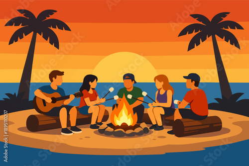 Friends enjoying beach campfire, roasting marshmallows, playing guitar at sunset