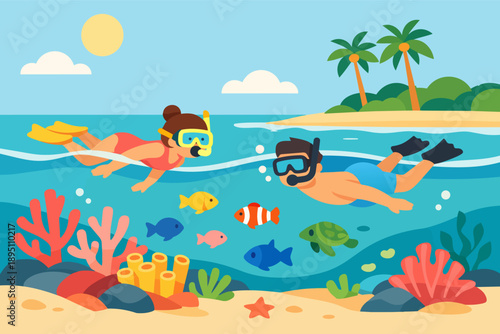 People snorkeling in ocean, exploring underwater with coral reef and fish