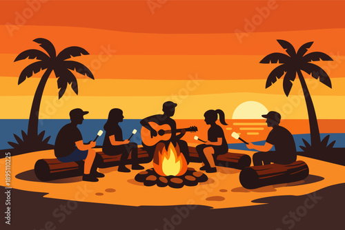 Friends enjoying beach campfire, playing guitar, roasting marshmallows at sunset