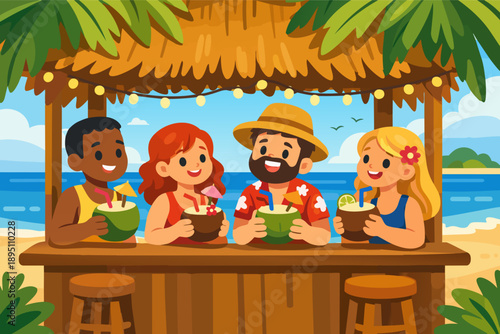 Friends enjoying tropical drinks at a tiki beach bar on a summer vacation