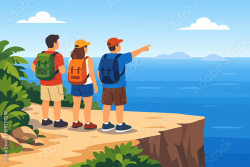 Group of tourists hiking overlooking ocean view, exploring island cliff