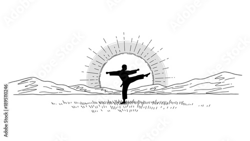 Peaceful martial arts practice: silhouette of person balancing in nature at sunrise