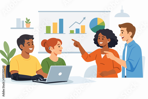 Diverse business team collaborating in office, discussing inclusive strategy