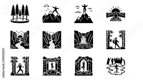 Outdoor adventure icons: hiking, yoga, and nature in minimalist designs