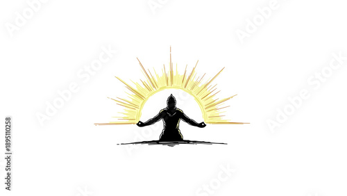 Meditative silhouette with radiant sunburst background