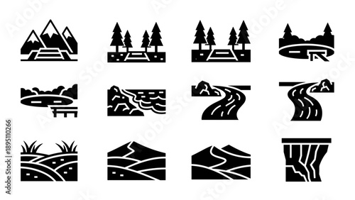 Scenic silhouette icons set: mountains, trees, rivers, and landscapes