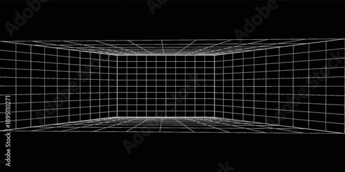 Abstract futuristic perspective grid box. Abstract wireframe with white grid line on black background. abstract decoration