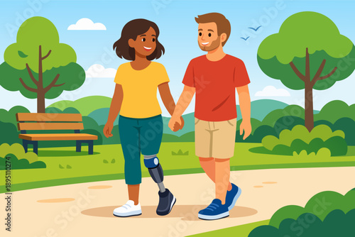 Couple with prosthetic leg walking hand in hand in park, showing inclusion and unity