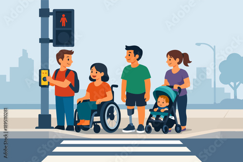 Diverse people crossing city street, promoting inclusion and accessibility for all