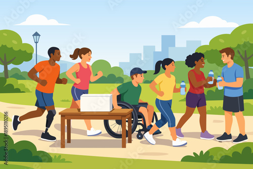 Inclusive marathon runners participating in community event, diverse people exercising