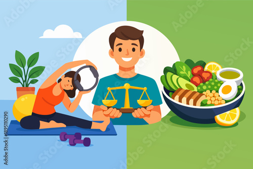 Healthy lifestyle balance: balancing fitness exercise with nutritious food