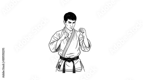 Martial artist in fighting stance wearing traditional uniform
