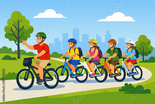 Group of children cycling at park with instructor promoting outdoor activity