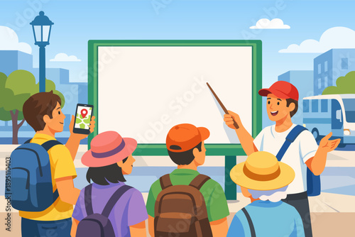 Tour guide explaining city sights to group of tourists with map on billboard
