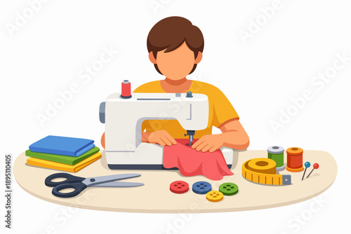 Person sewing fabric with machine on workbench, hobby and craft activity
