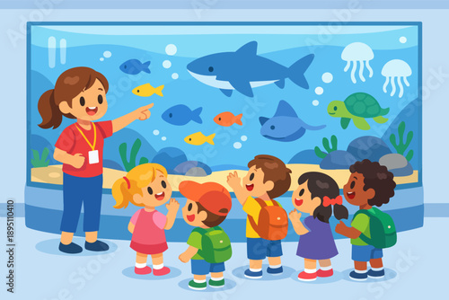 Teacher guiding children learning about marine life at aquarium field trip