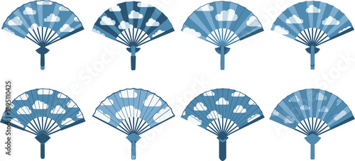 Japanese Hand Fan Set With Cloud Patterns Traditional Folding Sensu Vector Illustration