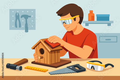 Person sanding wooden birdhouse, crafting hobby project at woodworking workshop