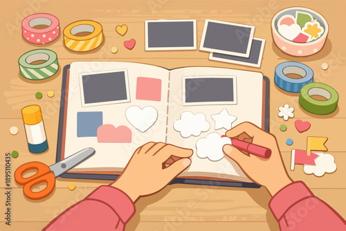 Scrapbooking hobby hands creating memories with photos, stickers, and washi tape