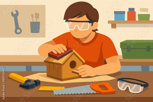 Boy sanding birdhouse, learning woodworking crafts, hobby education, diy project
