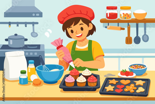 Girl baking cupcakes and cookies in kitchen, decorating sweet pastries