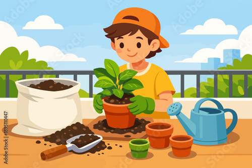 Boy planting potted plant at home, learning gardening hobby on balcony