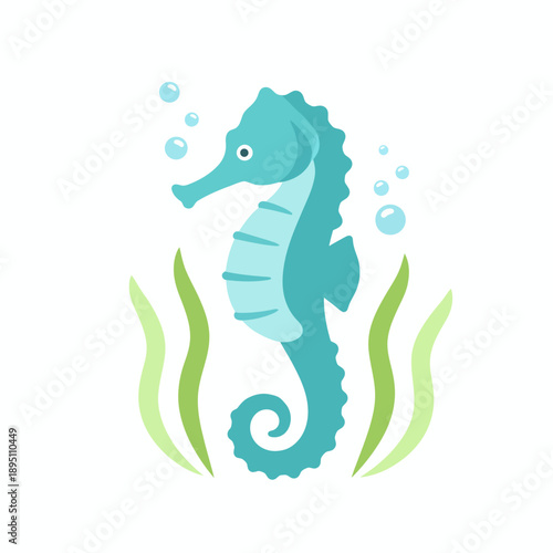Stylized turquoise seahorse centered among green seaweed with rising air bubbles