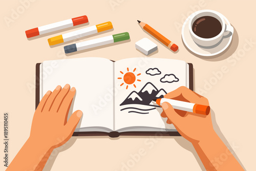 Person creating art in a notebook with markers and pencil, enjoying a creative hobby