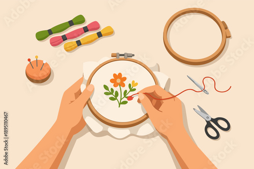 Embroidering a floral pattern by hand, needlework and craft hobby concept