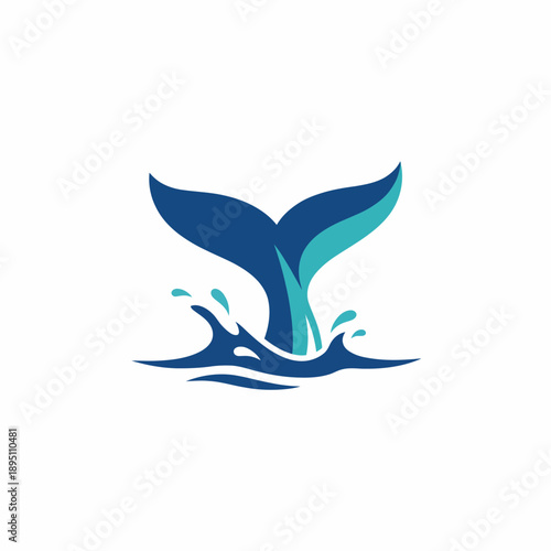 Stylized whale tail dipping into blue water with splashing waves