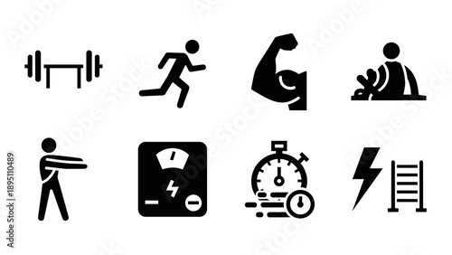 Fitness and workout icons: gym, running, bodybuilding, yoga, weight loss
