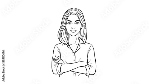 Confident woman with crossed arms line art on white background