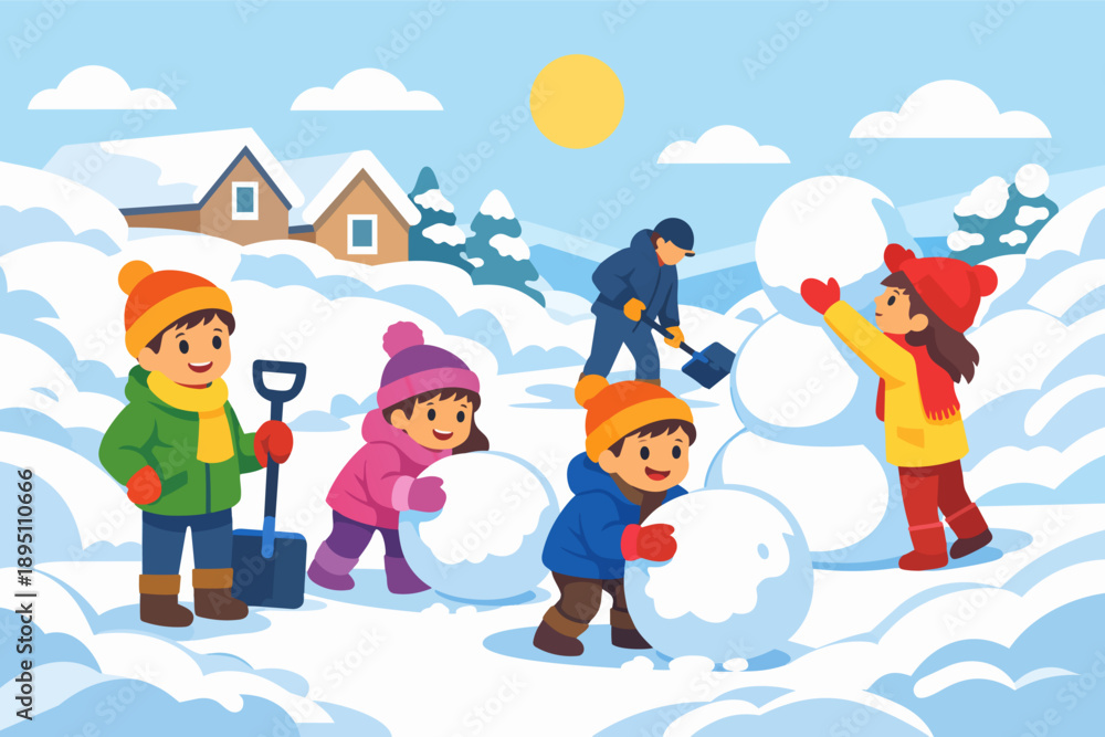 Fototapeta premium Children building snowman in winter landscape, having fun outdoors in snow