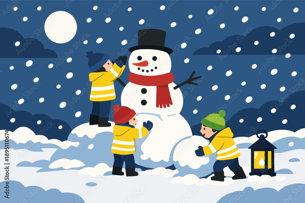 Naklejka premium Children building a snowman during a snowy winter night with moonlight