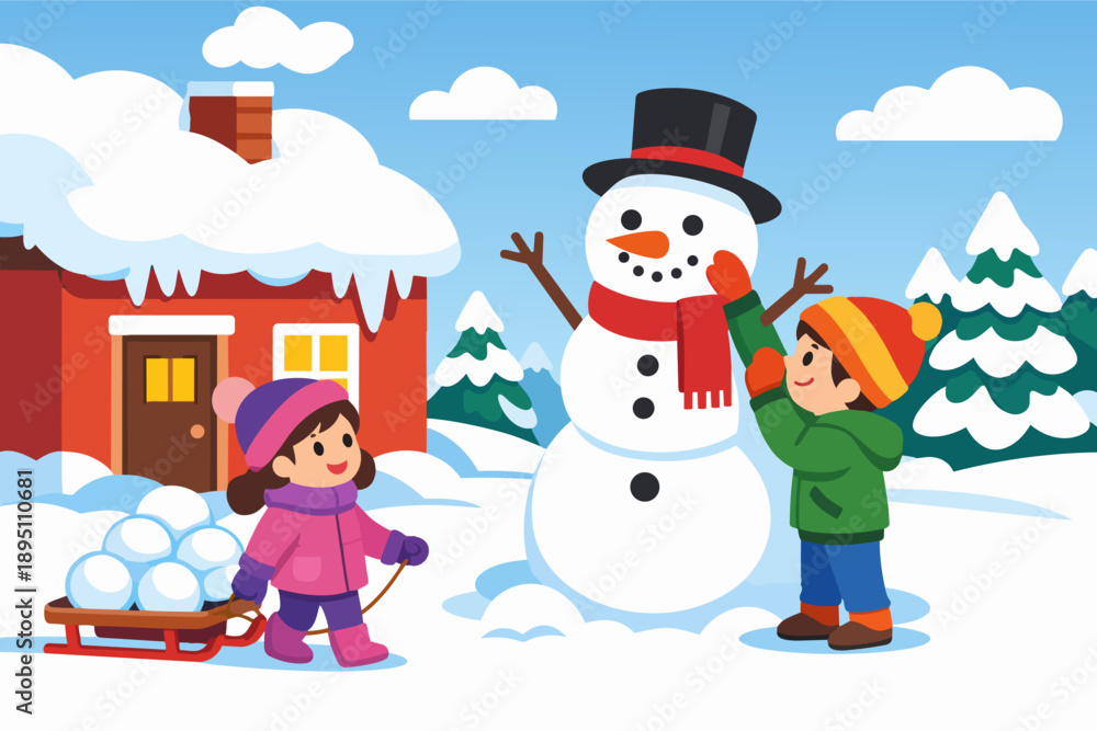 Fototapeta premium Children playing outside in winter, building a snowman and pulling a sled of snowballs