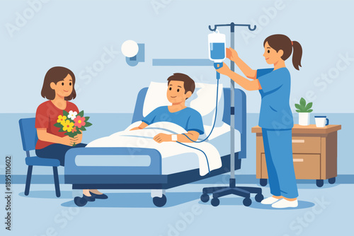 Nurse attending patient in hospital with visitor bringing flowers, promoting recovery