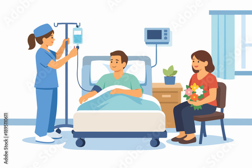 Nurse monitoring male patient receiving iv drip in hospital room with visitor