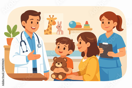 Pediatrician providing healthcare consultation to child and mother at medical clinic