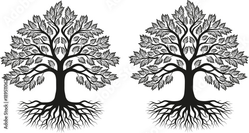 Black silhouette tree with roots and branches, family tree vector, symmetrical nature design, genealogy concept, decorative botanical art illustration