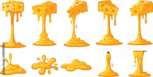 Melting Cheese Drip Elements Set With Stretchy Liquid Drops Food Vector Illustration