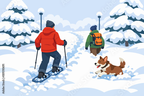 People snowshoeing with dog on winter trail, enjoying outdoor activity