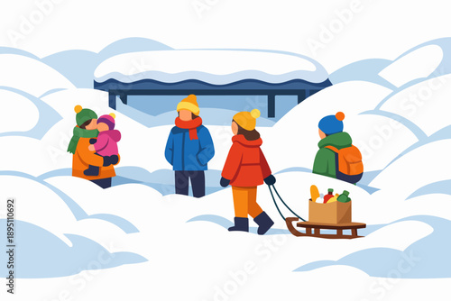 Family navigating through deep snow after blizzards, getting needed groceries